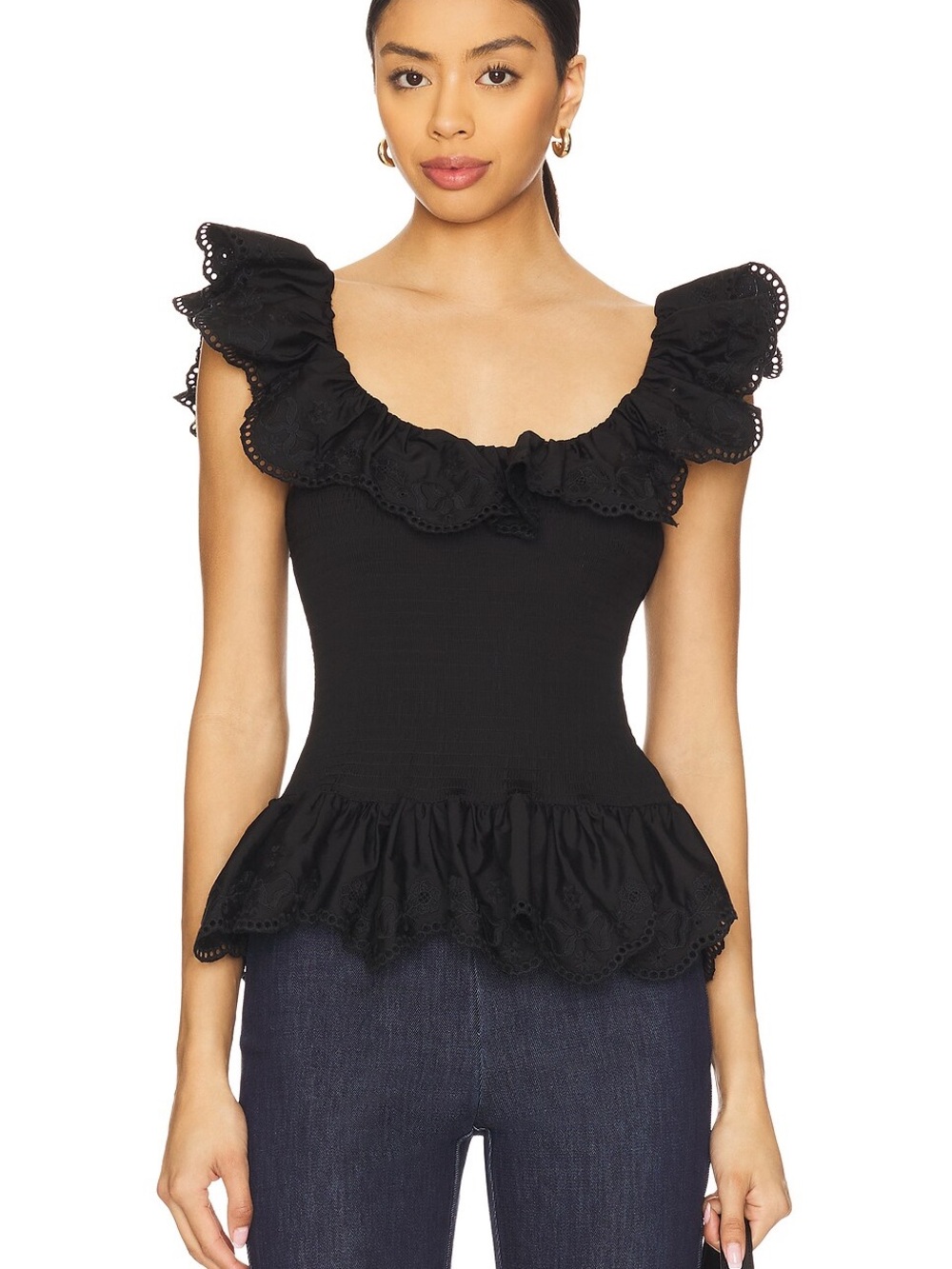Susan Fang Embroidered Smocked Ruffle
Top in Black size XS/S